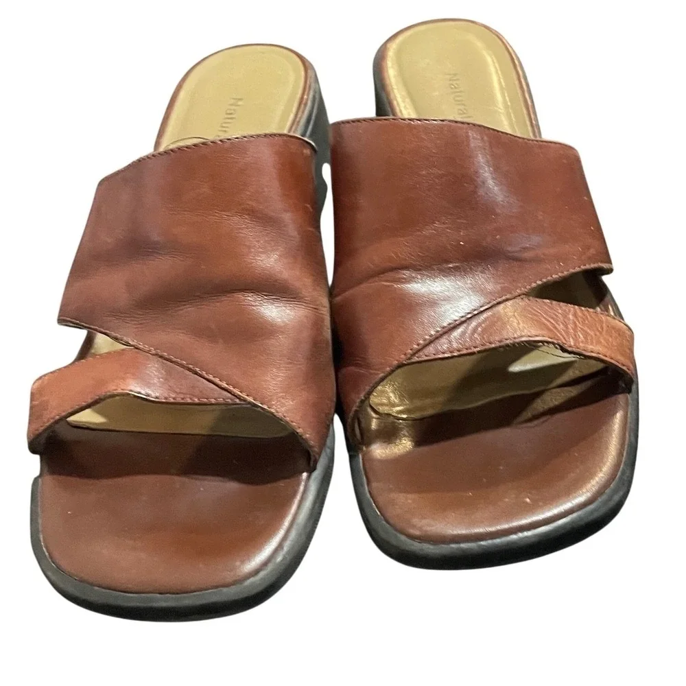 Naturalizer Womens Brown Leather Crossover Slide Sandals Block Heel 8M